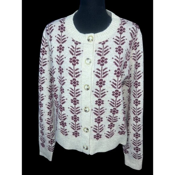 Francescas Sweaters - Francescas Floral Nordic Cardigan Sweater Women M Cream Purple Button Wool Blend